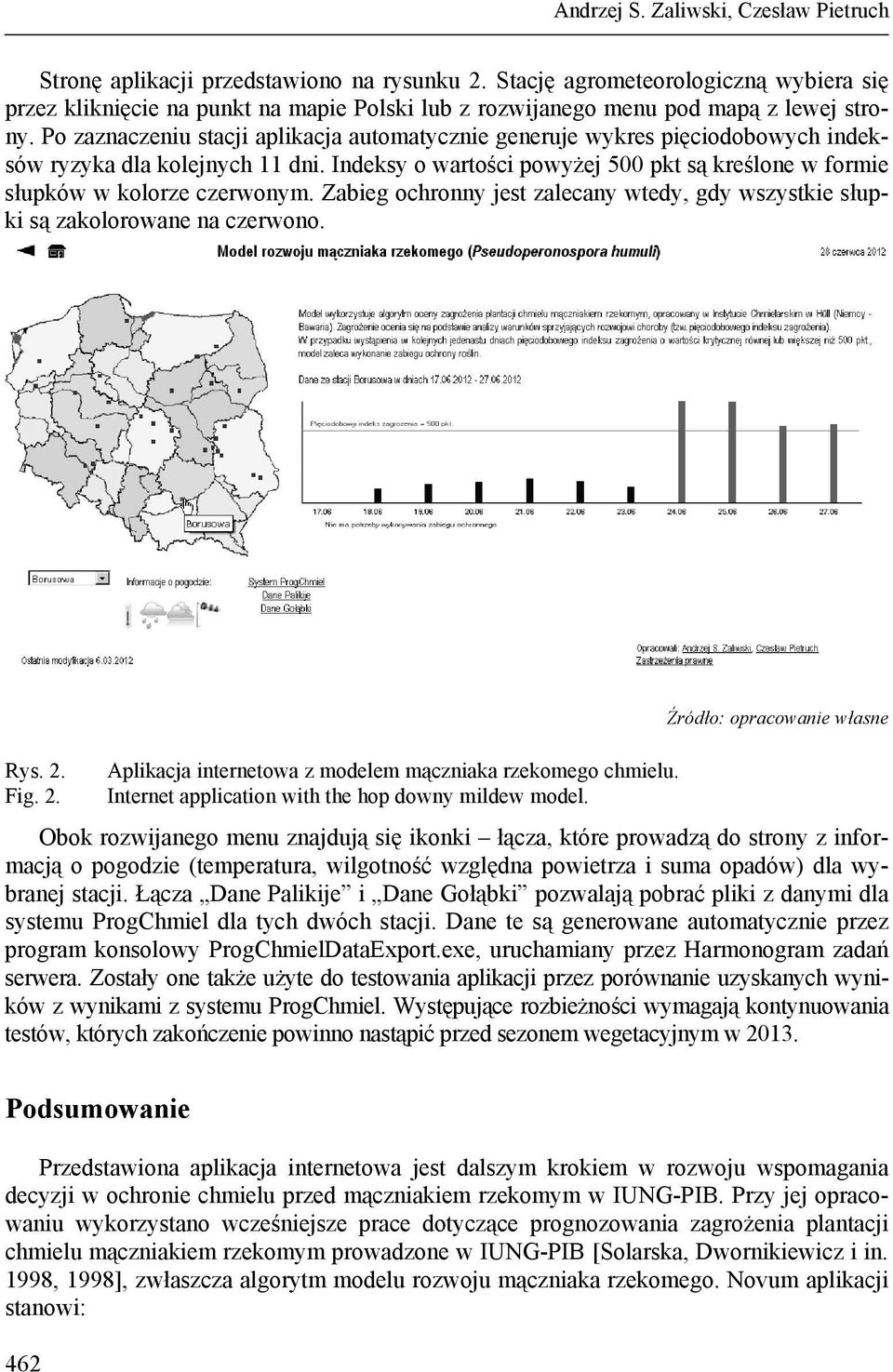 Po zaznaczeniu stacji aplikacja automatycznie generuje wykres pięciodobowych indeksów ryzyka dla kolejnych 11 dni. Indeksy o wartości powyżej 500 pkt są kreślone w formie słupków w kolorze czerwonym.