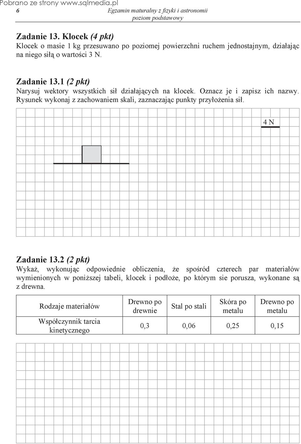 2 (2 pkt) Wyka, wykonuj c odpowiednie obliczenia, e spo ród czterech par materia ów wymienionych w poni szej tabeli, klocek i pod o e, po którym sie porusza,