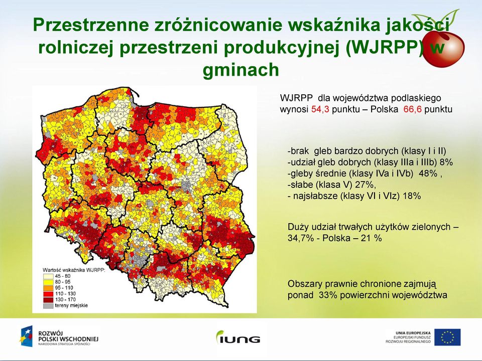 dobrych (klasy IIIa i IIIb) 8% -gleby średnie (klasy IVa i IVb) 48%, -słabe (klasa V) 27%, - najsłabsze (klasy VI i