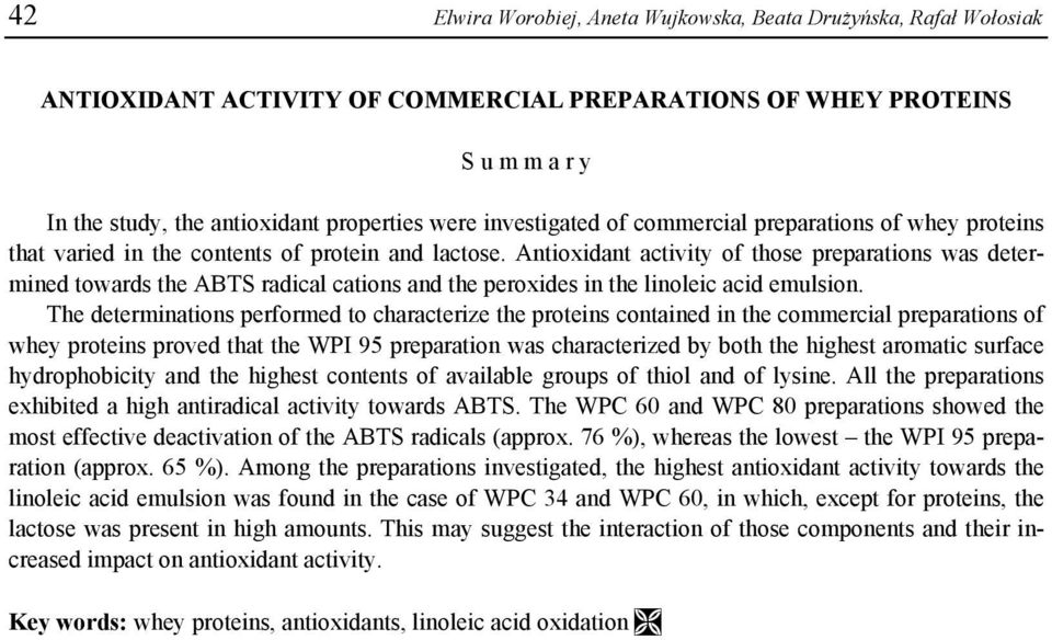 Antioxidant activity of those preparations was determined towards the ABTS radical cations and the peroxides in the linoleic acid emulsion.