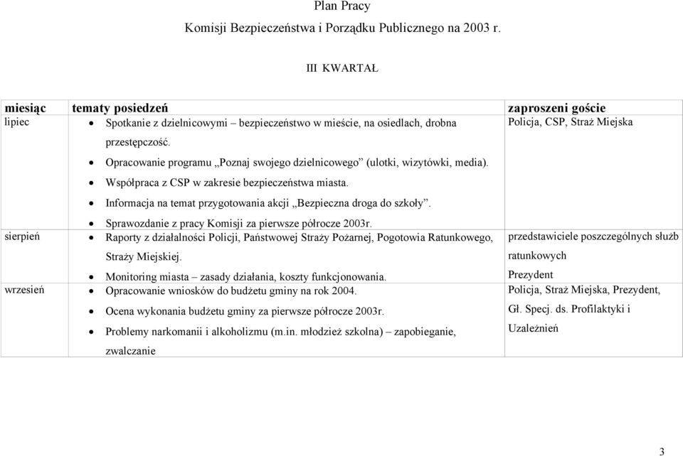 Sprawozdanie z pracy Komisji za pierwsze półrocze 2003r. sierpień Raporty z działalności Policji, Państwowej Straży Pożarnej, Pogotowia Ratunkowego, Straży Miejskiej.