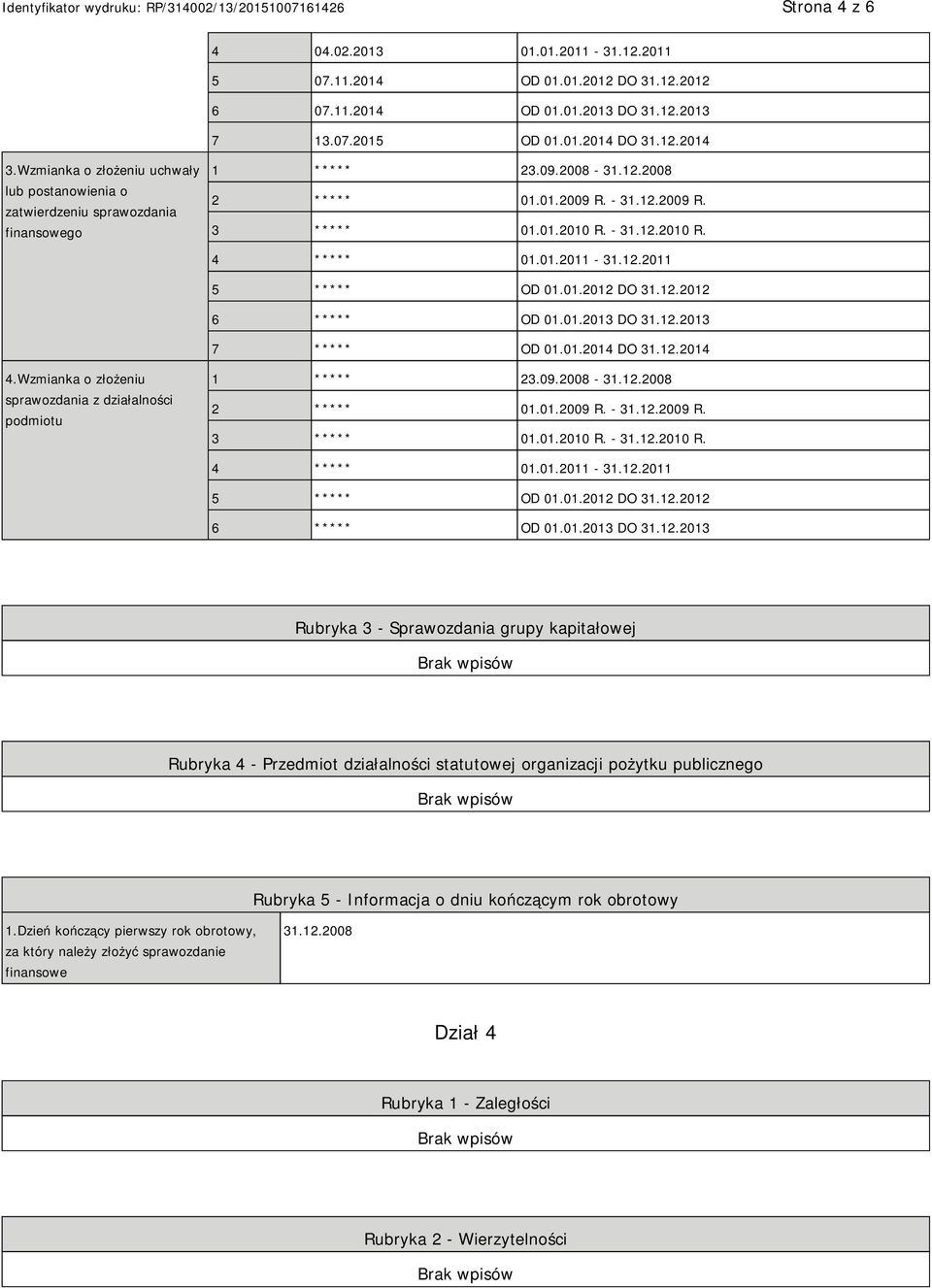 01.2011-31.12.2011 5 ***** OD 01.01.2012 DO 31.12.2012 6 ***** OD 01.01.2013 DO 31.12.2013 7 ***** OD 01.01.2014 DO 31.12.2014 4.Wzmianka o złożeniu sprawozdania z działalności podmiotu 1 ***** 23.09.