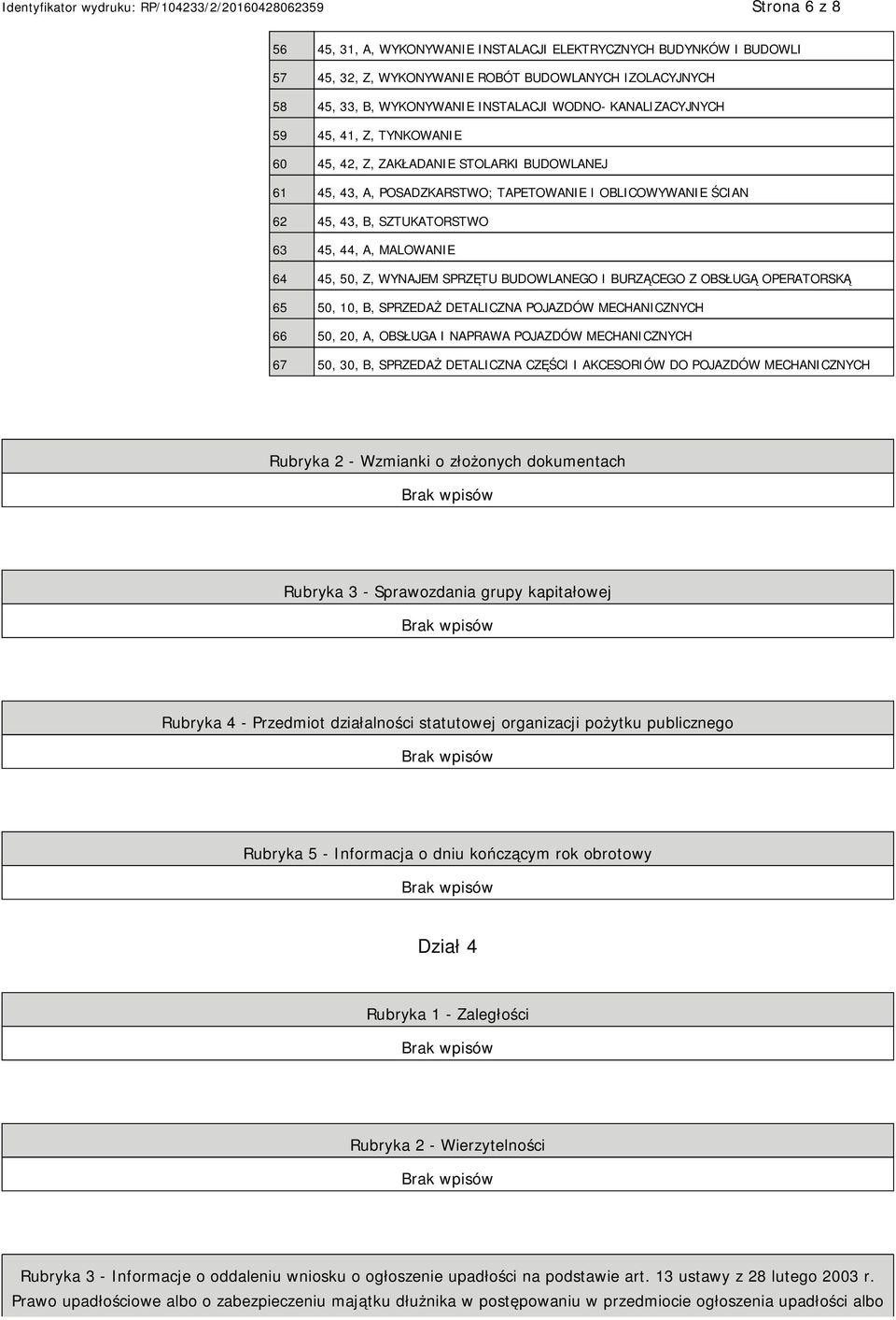 BUDOWLANEGO I BURZĄCEGO Z OBSŁUGĄ OPERATORSKĄ 65 50, 10, B, SPRZEDAŻ DETALICZNA POJAZDÓW MECHANICZNYCH 66 50, 20, A, OBSŁUGA I NAPRAWA POJAZDÓW MECHANICZNYCH 67 50, 30, B, SPRZEDAŻ DETALICZNA CZĘŚCI