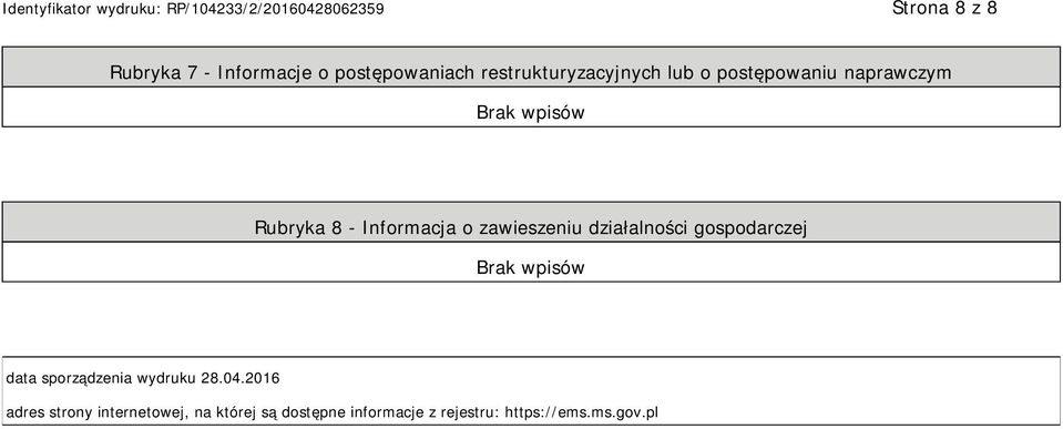 działalności gospodarczej data sporządzenia wydruku 28.04.