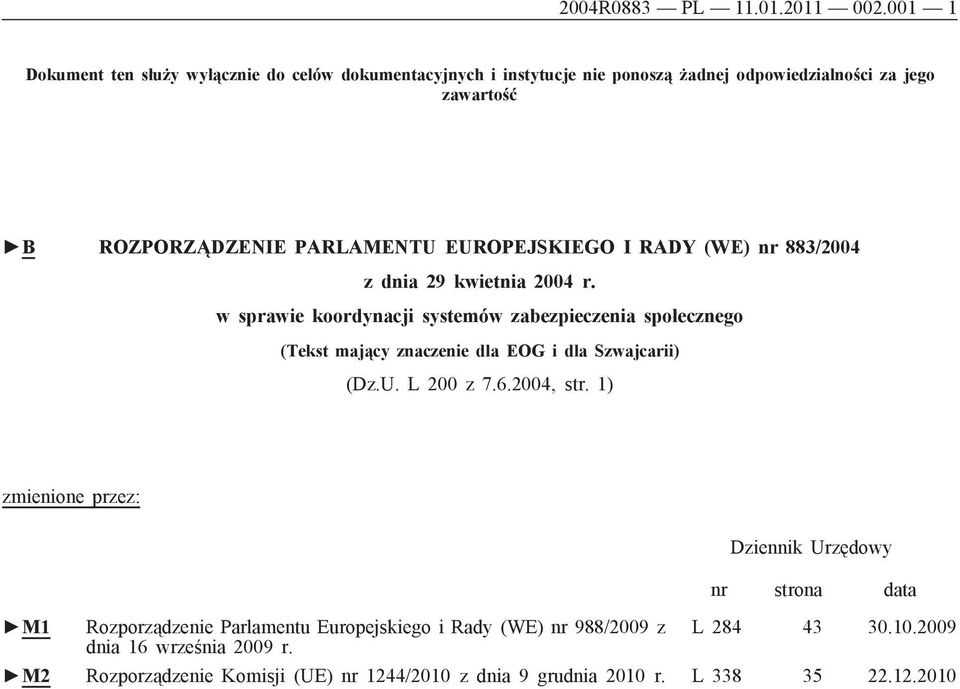 EUROPEJSKIEGO I RADY (WE) nr 883/2004 z dnia 29 kwietnia 2004 r.
