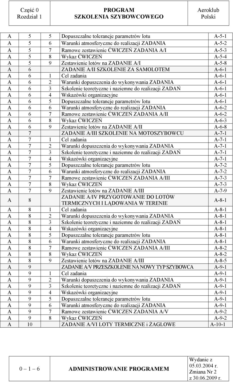 Szkolenie teoretyczne i naziemne do realizacji ZADAŃ A-6-1 A 6 4 Wskazówki organizacyjne A-6-1 A 6 5 Dopuszczalne tolerancje parametrów lotu A-6-1 A 6 6 Warunki atmosferyczne do realizacji ZADANIA