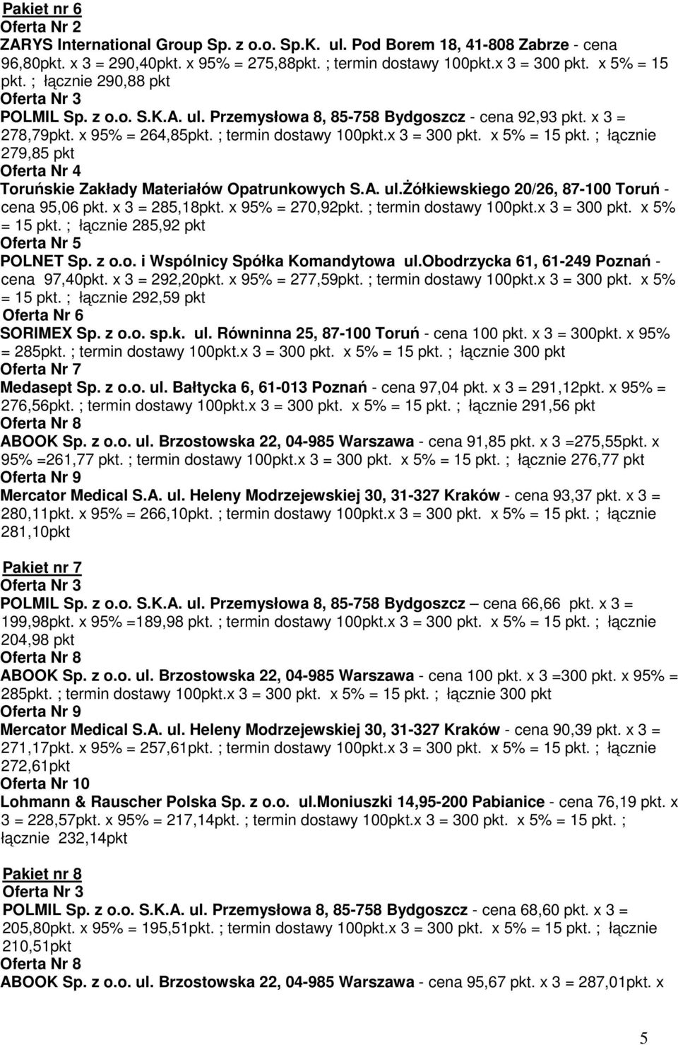 ; łącznie 279,85 pkt cena 95,06 pkt. x 3 = 285,18pkt. x 95% = 270,92pkt. ; termin dostawy 100pkt.x 3 = 300 pkt. x 5% = 15 pkt. ; łącznie 285,92 pkt Oferta Nr 5 POLNET Sp. z o.o. i Wspólnicy Spółka Komandytowa ul.