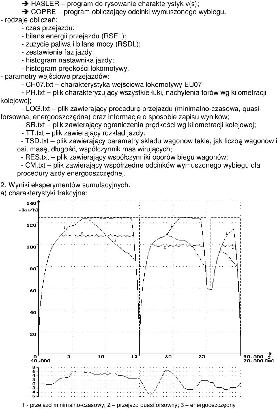 - parametry wejściowe przejazdów: - CH07.txt charakterystyka wejściowa lokomotywy EU07 - PR.txt plik charakteryzujący wszystkie łuki, nachylenia torów wg kilometracji kolejowej; - LOG.