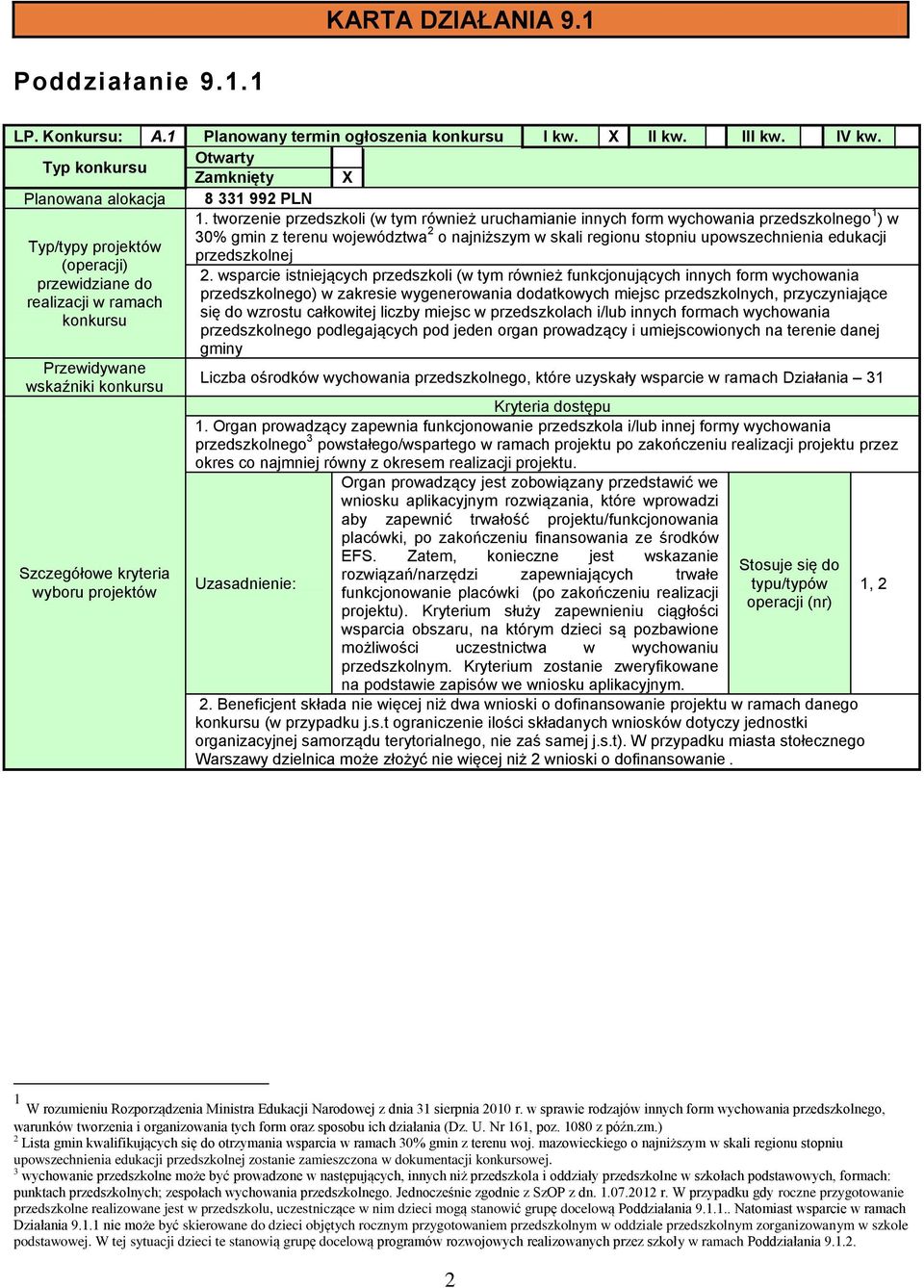 projektów przedszkolnej (operacji) 2.