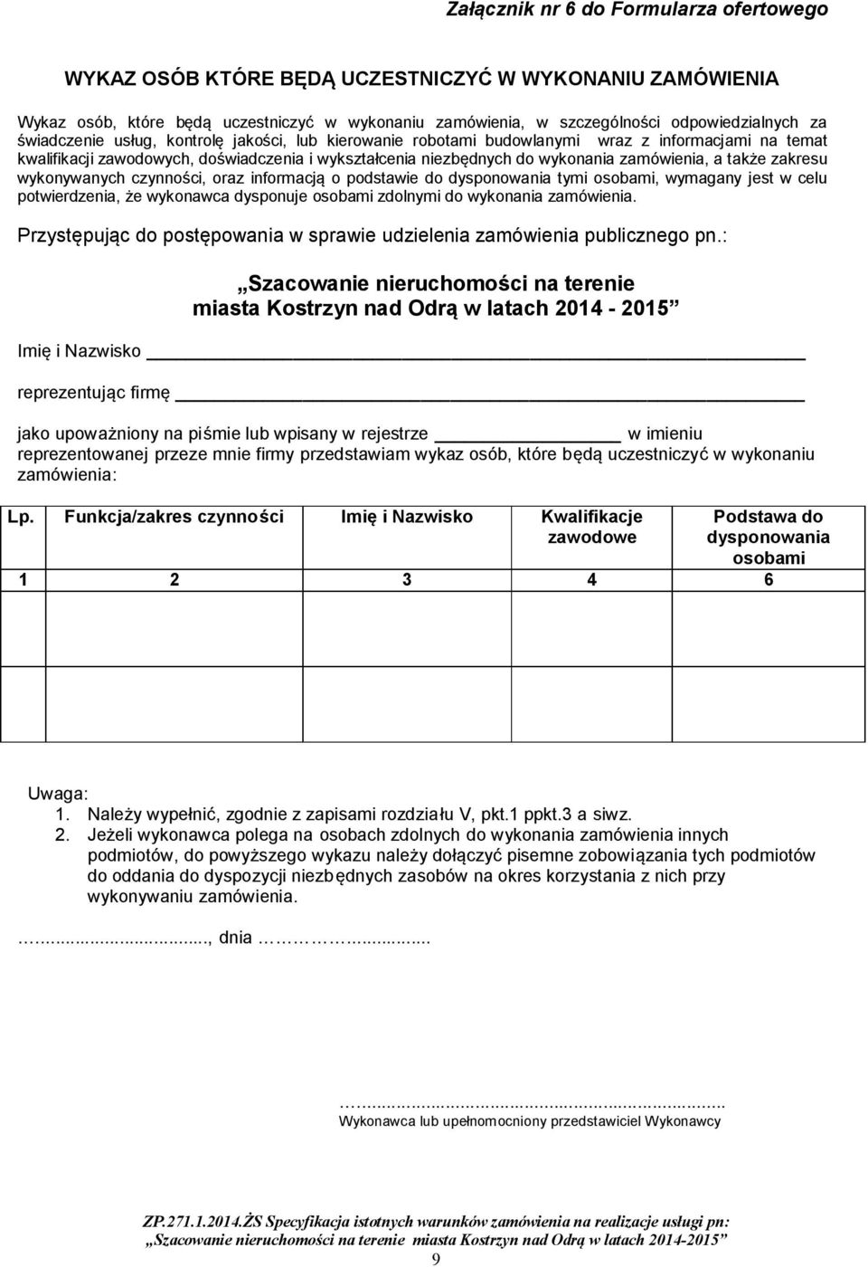 także zakresu wykonywanych czynności, oraz informacją o podstawie do dysponowania tymi osobami, wymagany jest w celu potwierdzenia, że wykonawca dysponuje osobami zdolnymi do wykonania zamówienia.