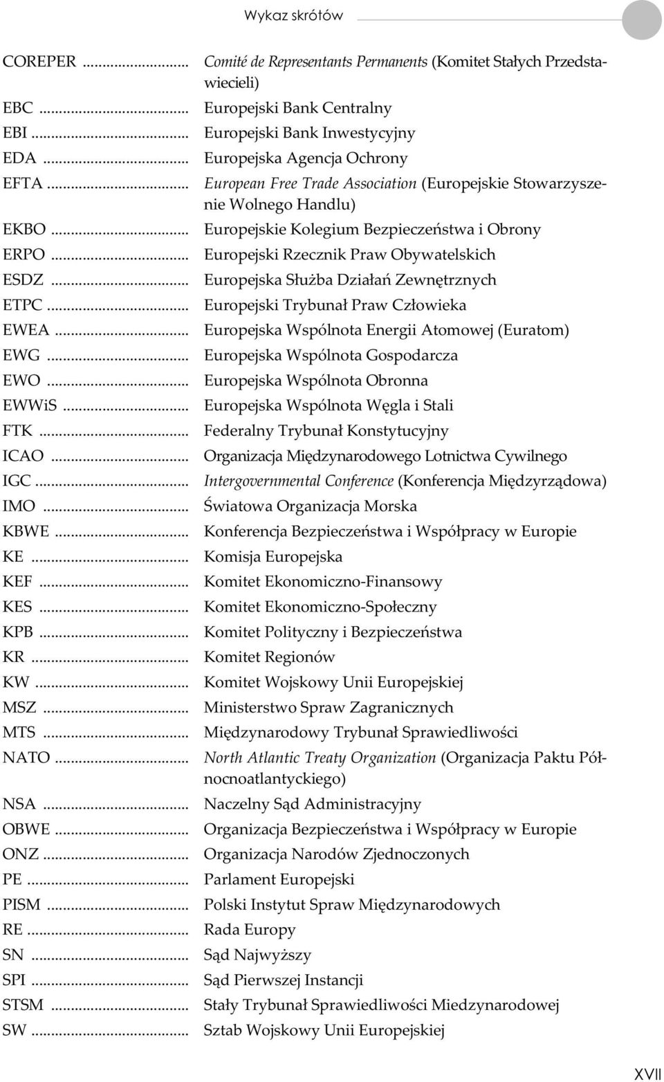 .. Comité de Representants Permanents (Komitet Sta³ych Przedstawiecieli) Europejski Bank Centralny Europejski Bank Inwestycyjny Europejska Agencja Ochrony European Free Trade Association (Europejskie