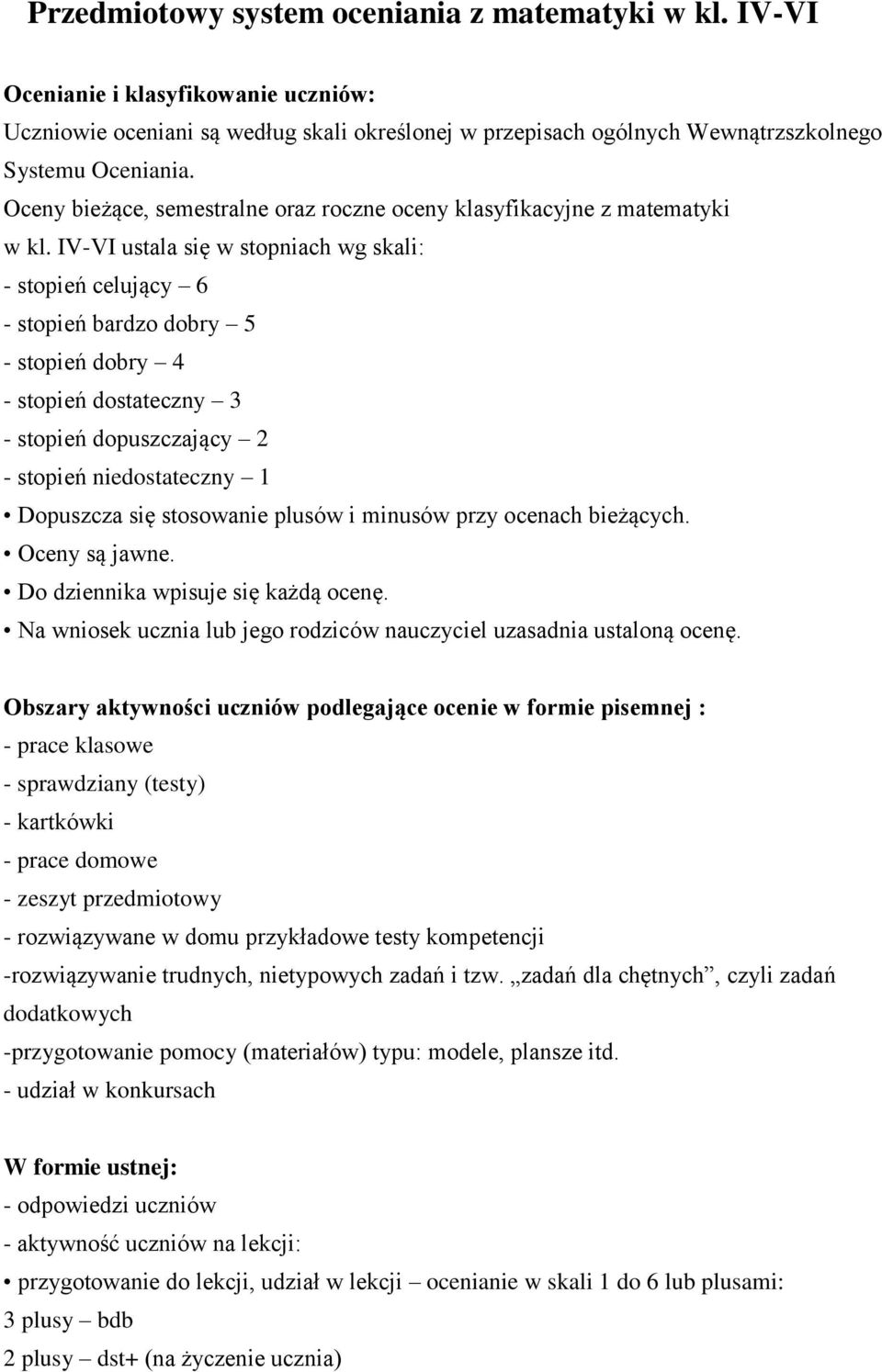 IV-VI ustala się w stopniach wg skali: - stopień celujący 6 - stopień bardzo dobry 5 - stopień dobry 4 - stopień dostateczny 3 - stopień dopuszczający 2 - stopień niedostateczny 1 Dopuszcza się