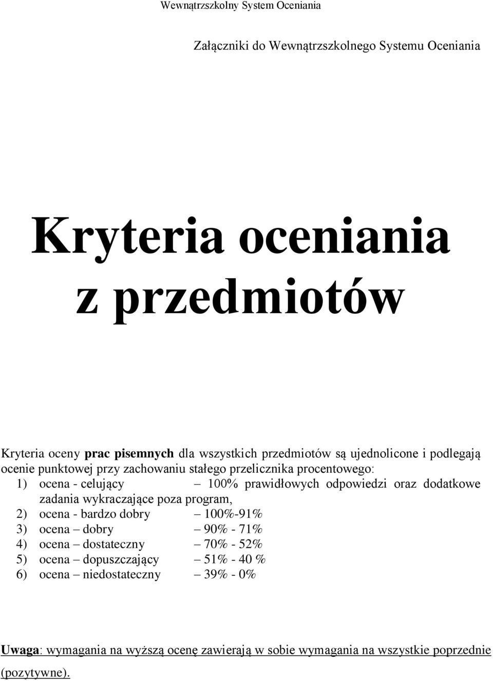 dodatkowe zadania wykraczające poza program, 2) ocena - bardzo dobry 100%-91% 3) ocena dobry 90% - 71% 4) ocena dostateczny 70% - 52% 5) ocena