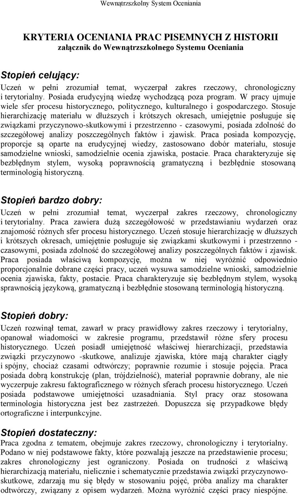 Stosuje hierarchizację materiału w dłuższych i krótszych okresach, umiejętnie posługuje się związkami przyczynowo-skutkowymi i przestrzenno - czasowymi, posiada zdolność do szczegółowej analizy