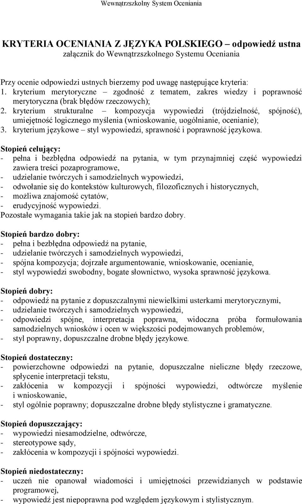 kryterium strukturalne kompozycja wypowiedzi (trójdzielność, spójność), umiejętność logicznego myślenia (wnioskowanie, uogólnianie, ocenianie); 3.