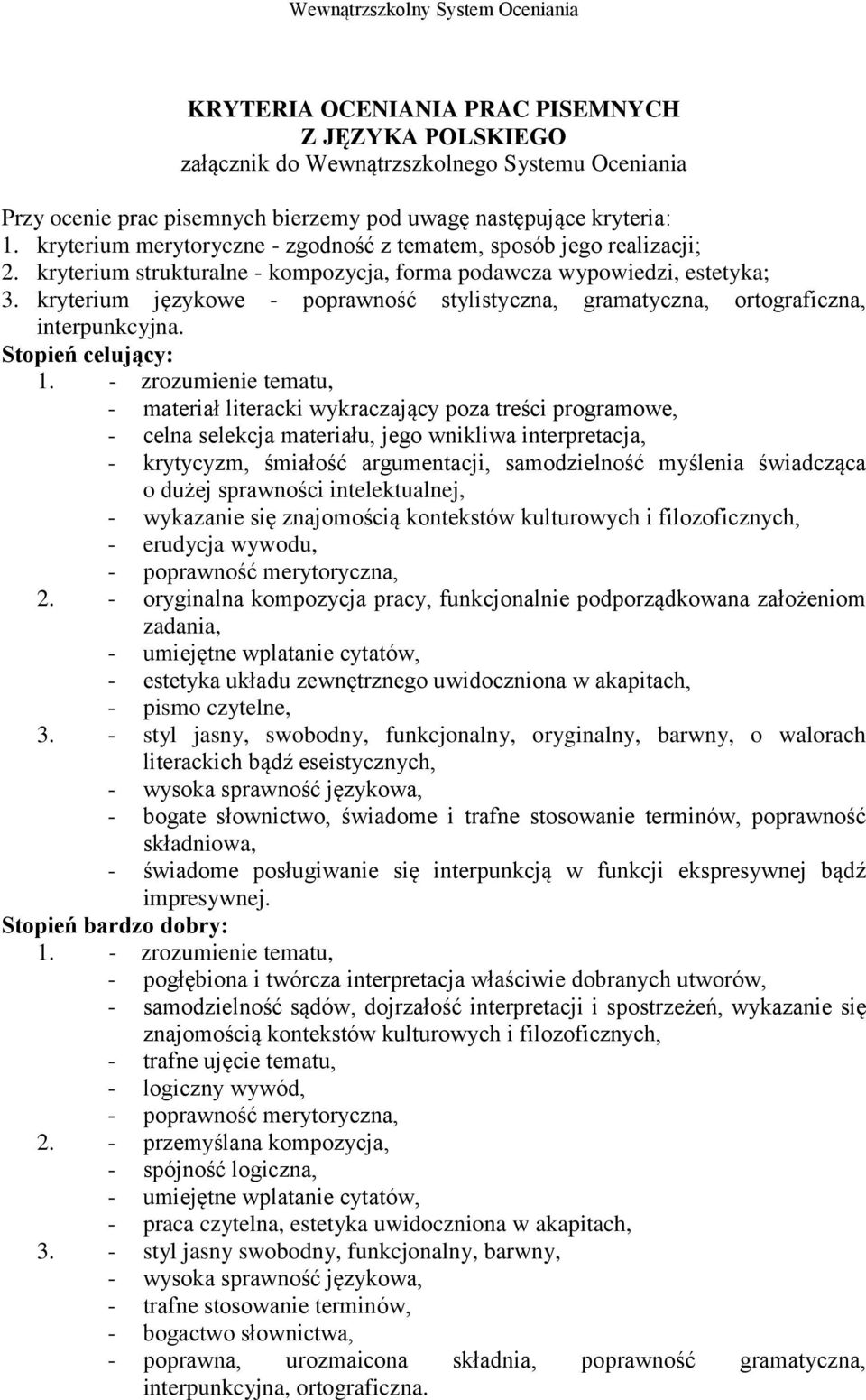 - zrozumienie tematu, - materiał literacki wykraczający poza treści programowe, - celna selekcja materiału, jego wnikliwa interpretacja, - krytycyzm, śmiałość argumentacji, samodzielność myślenia