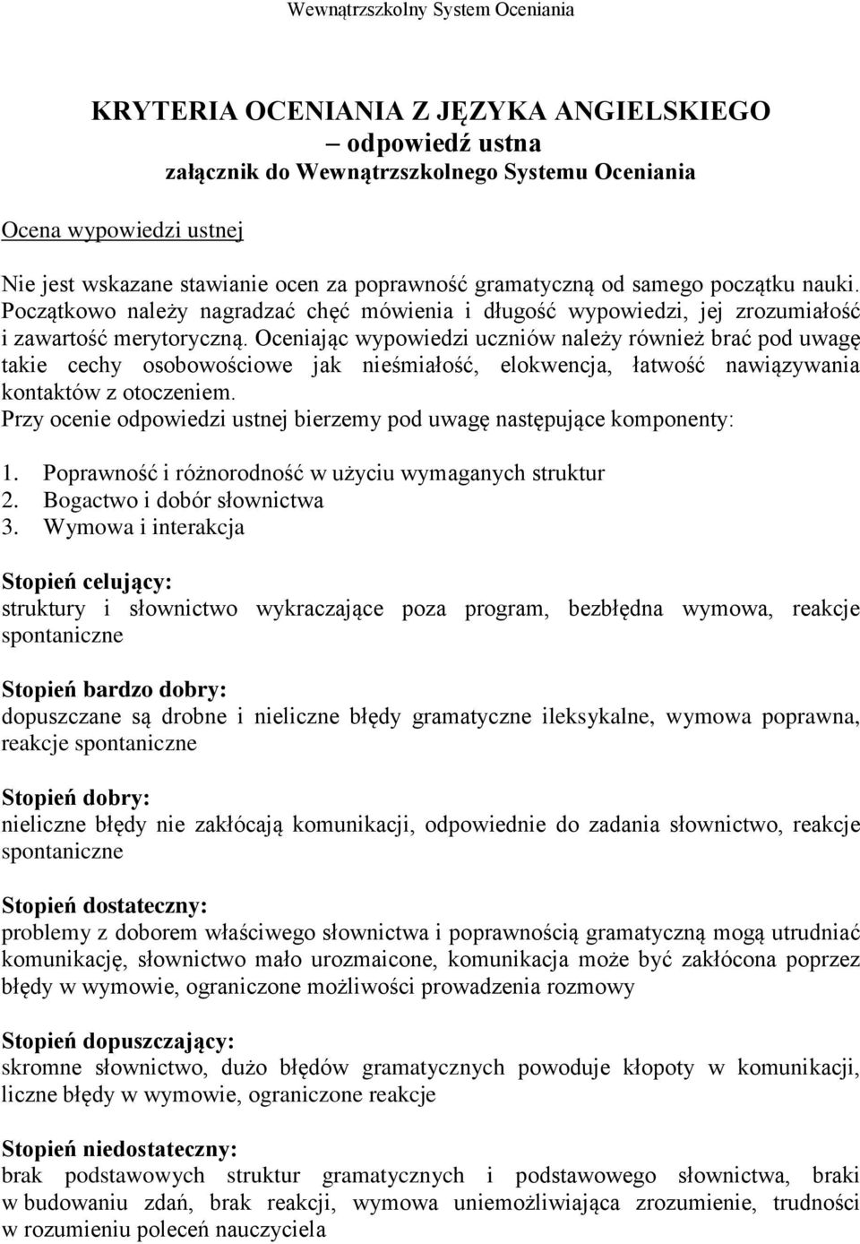 Oceniając wypowiedzi uczniów należy również brać pod uwagę takie cechy osobowościowe jak nieśmiałość, elokwencja, łatwość nawiązywania kontaktów z otoczeniem.