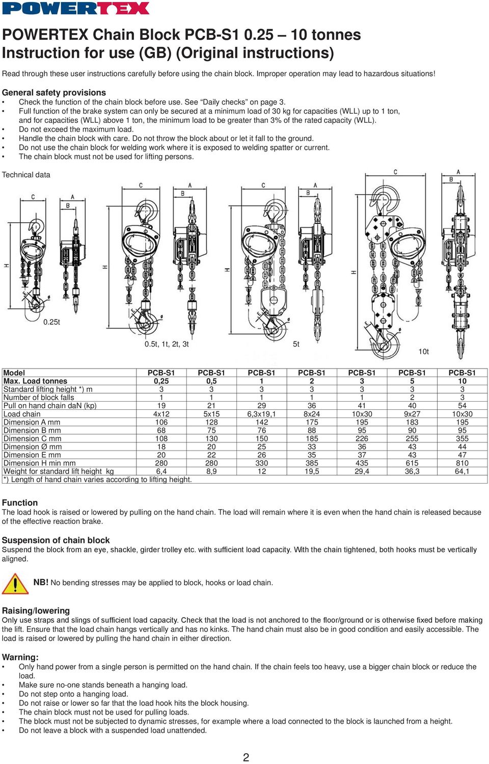 Full function of the brake system can only be secured at a minimum load of 30 kg for capacities (WLL) up to 1 ton, and for capacities (WLL) above 1 ton, the minimum load to be greater than 3% of the