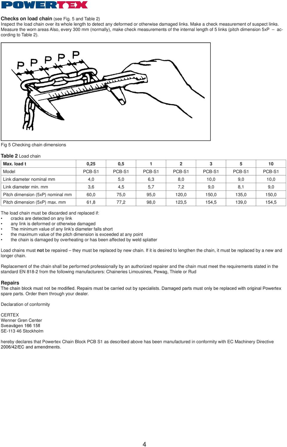 Fig 5 Checking chain dimensions Table 2 Load chain Max.