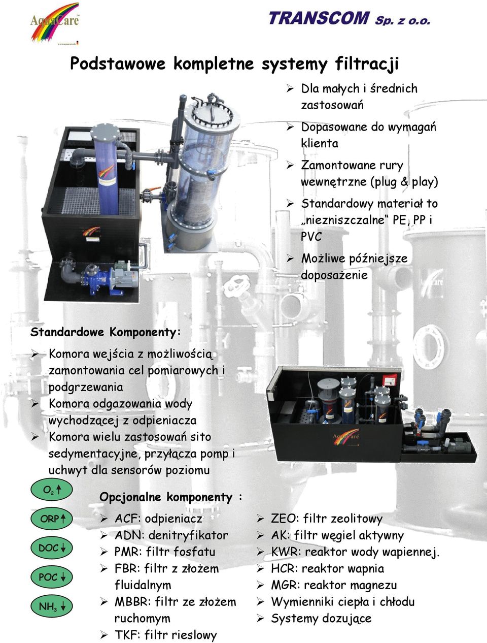 zastosowań sito sedymentacyjne, przyłącza pomp i uchwyt dla sensorów poziomu O 2 ORP DOC POC NH 3 Opcjonalne komponenty : ACF: odpieniacz ADN: denitryfikator PMR: filtr fosfatu FBR: filtr z złożem