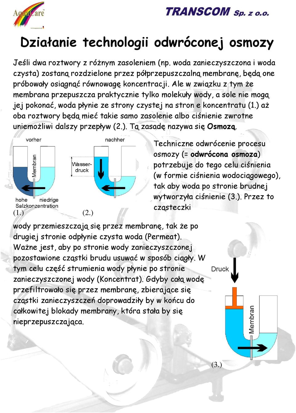 Ale w związku z tym że membrana przepuszcza praktycznie tylko molekuły wody, a sole nie mogą jej pokonać, woda płynie ze strony czystej na stron e koncentratu (1.