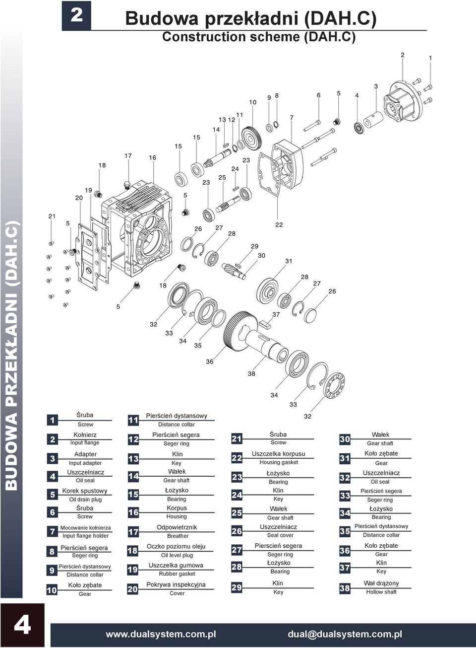 pl 21 22 23 24 25 Mocowanie kołnierza Odpowietrznik 7 17 26 8 9 10 Input flange holder Pierścień segera Seger ring Pierścień dystansowy Distance collar Koło zębate Gear 18 19 20 Pierścień dystansowy