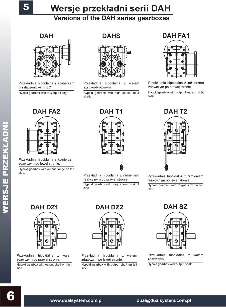 DAH FA2 DAH T1 DAH T2 WERSJE PRZEKŁADNI Przekładnia hipoidalna z kołnierzem zdawczym po lewej stronie. Hypoid gearbox with output flange on left side.