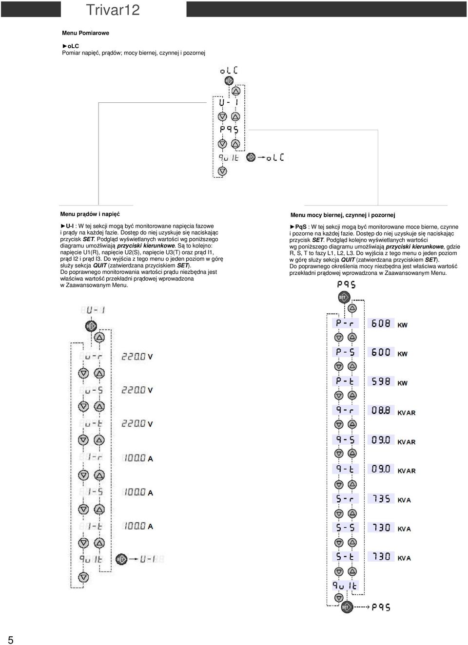 Są to kolejno: napięcie U1(R), napięcie U2(S), napięcie U3(T) oraz prąd I1, prąd I2 i prąd I3. Do wyjścia z tego menu o jeden poziom w górę służy sekcja QUIT (zatwierdzana przyciskiem SET).