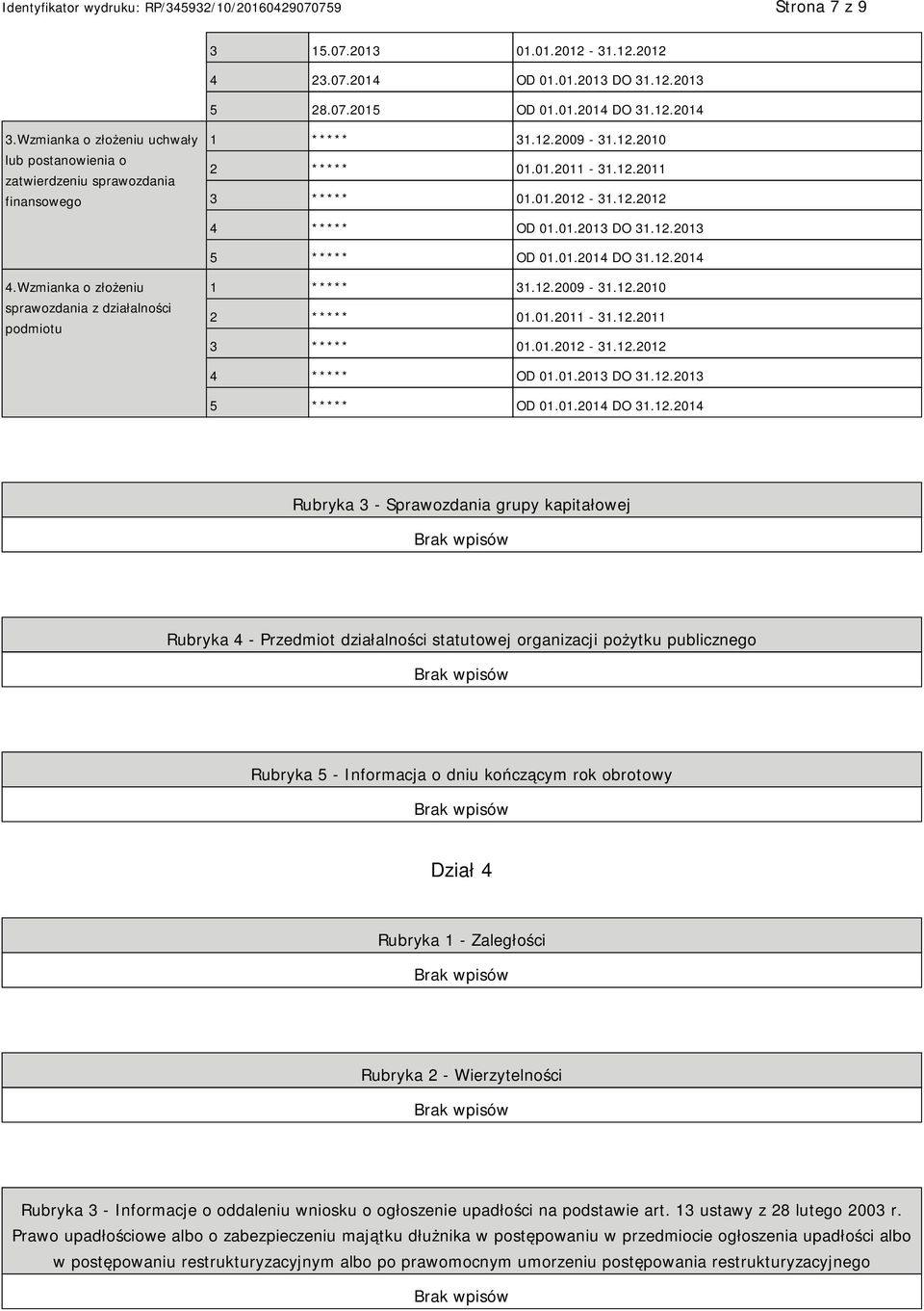 12.2013 5 ***** OD 01.01.2014 DO 31.12.2014 4.Wzmianka o złożeniu sprawozdania z działalności podmiotu 1 ***** 31.12.2009-31.12.2010 2 ***** 01.01.2011-31.12.2011 3 ***** 01.01.2012-31.12.2012 4 ***** OD 01.