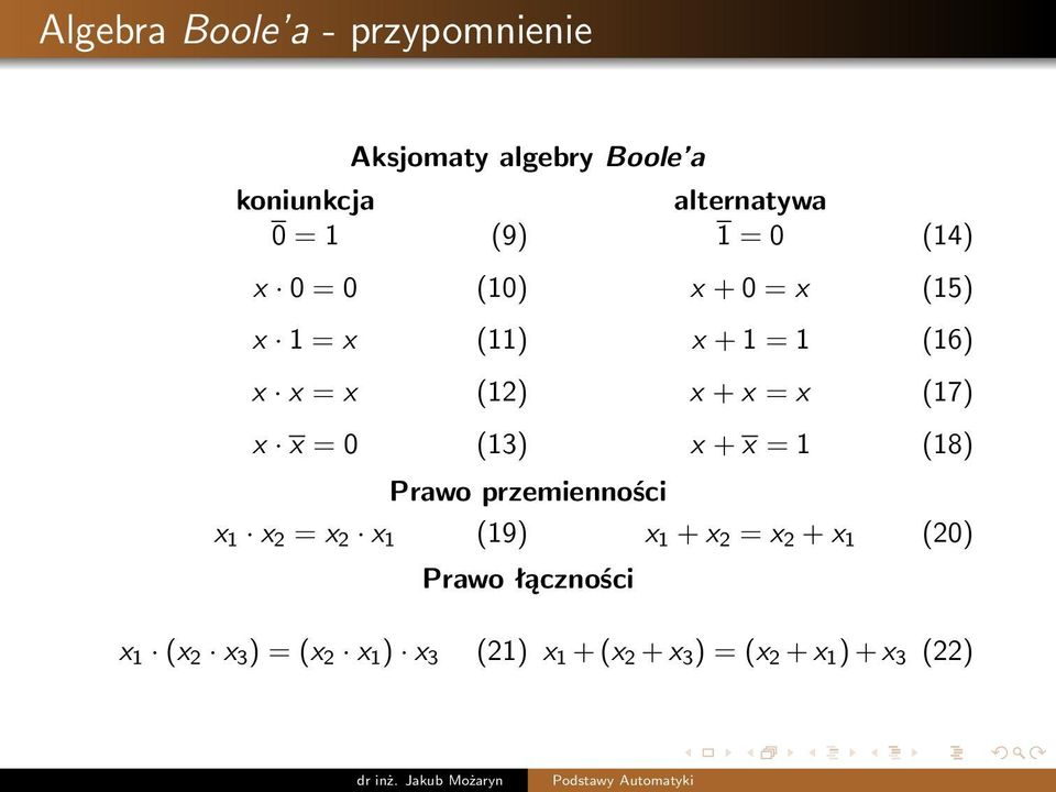 = 0 (13) x + x = 1 (18) Prawo przemienności x 1 x 2 = x 2 x 1 (19) x 1 + x 2 = x 2 + x 1 (20)