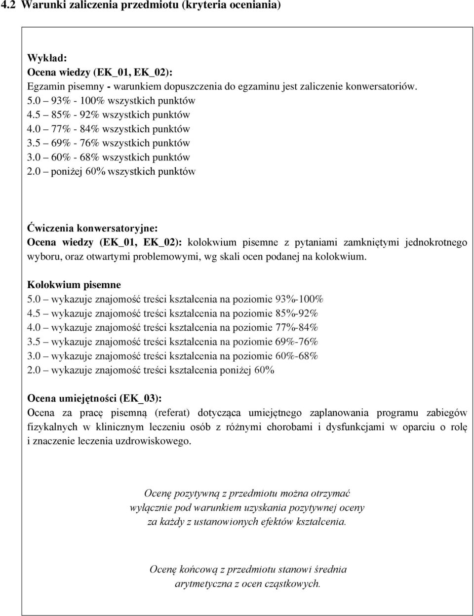 0 poniżej 60% wszystkich punktów Ćwiczenia konwersatoryjne: Ocena wiedzy (EK_01, EK_02): kolokwium pisemne z pytaniami zamkniętymi jednokrotnego wyboru, oraz otwartymi problemowymi, wg skali ocen