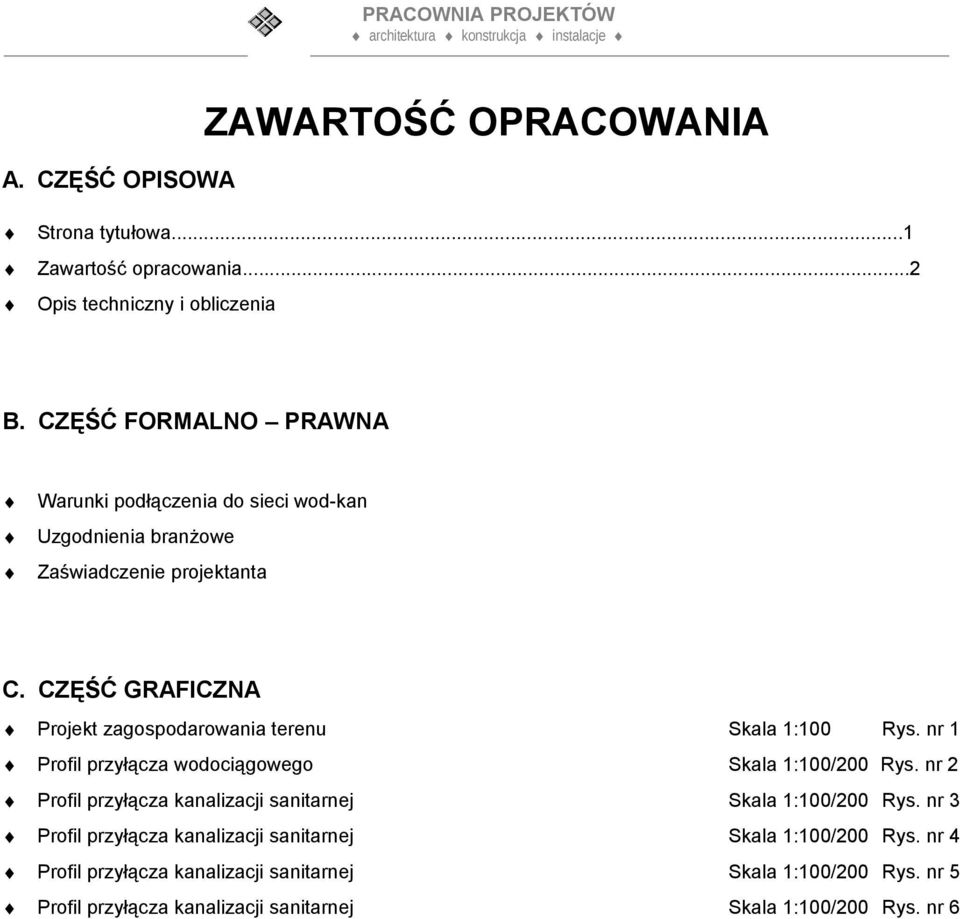 CZĘŚĆ GRAFICZNA Projekt zagospodarowania terenu Skala 1:100 Rys. nr 1 Profil przyłącza wodociągowego Skala 1:100/200 Rys.