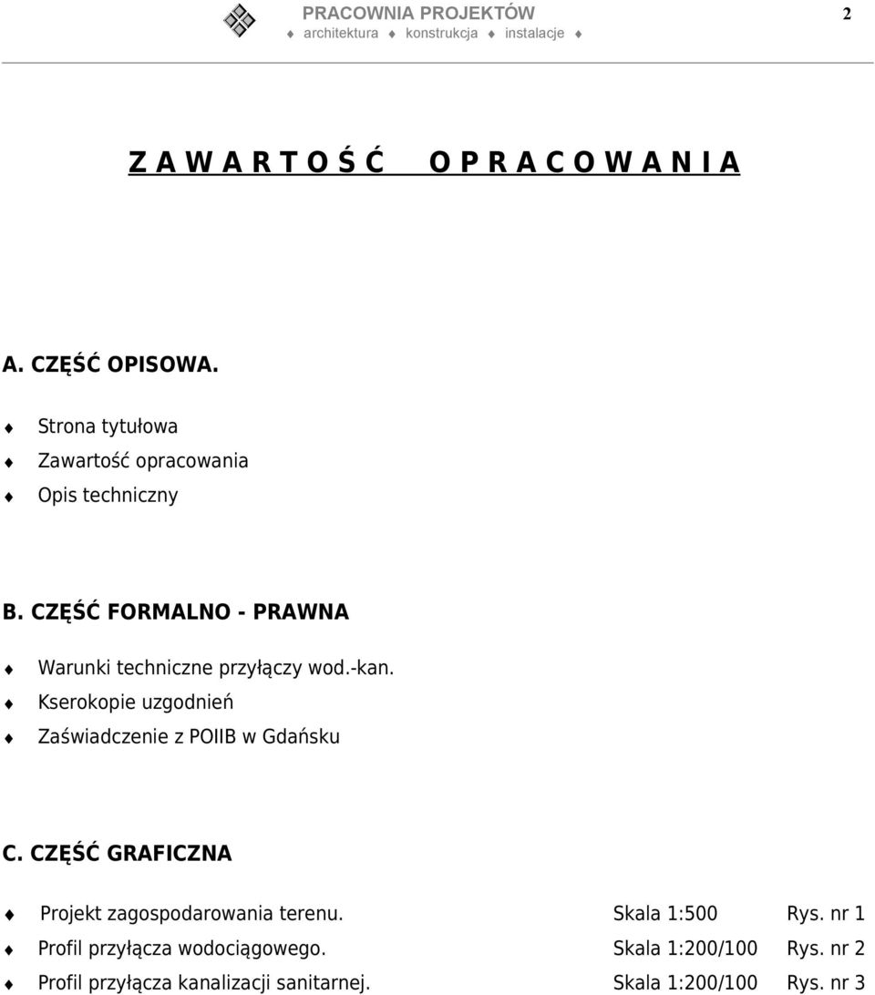 Kserokopie uzgodnień Zaświadczenie z POIIB w Gdańsku C. CZĘŚĆ GRAFICZNA Projekt zagospodarowania terenu. Skala 1:500 Rys.