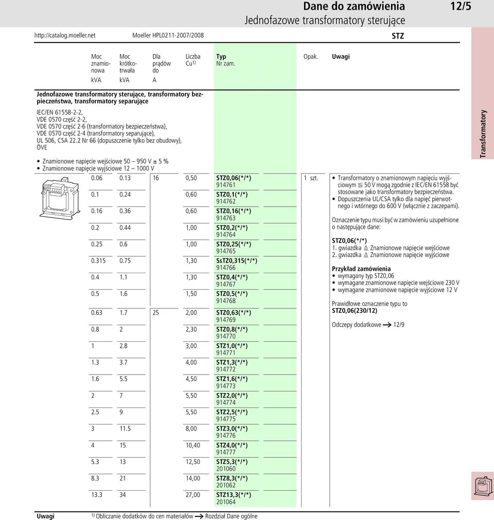 2 Nr 66 (puszczenie tylko bez obuwy), ÖVE Znamionowe napięcie wejściowe 50 950 V g 5 % Znamionowe napięcie wyjściowe 12 1000 V 0.06 0.13 16 0,50 STZ0,06(*/*) 914761 0.1 0.24 0,60 STZ0,1(*/*) 914762 0.