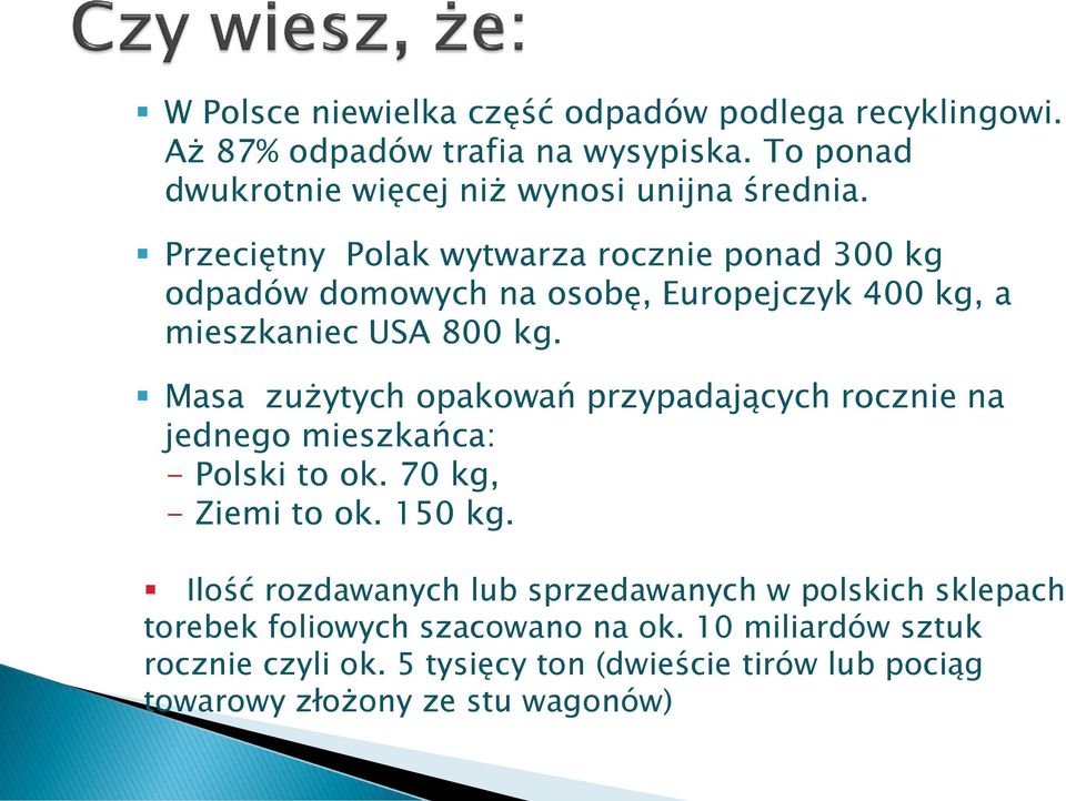 Masa zużytych opakowań przypadających rocznie na jednego mieszkańca: - Polski to ok. 70 kg, - Ziemi to ok. 150 kg.