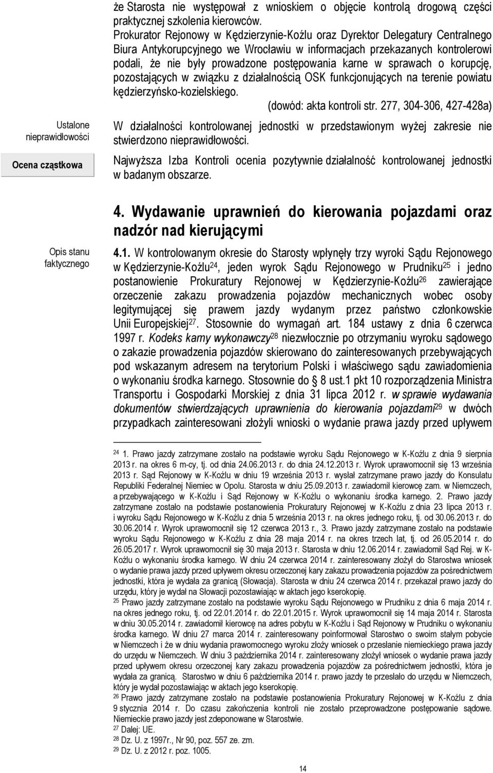 karne w sprawach o korupcję, pozostających w związku z działalnością OSK funkcjonujących na terenie powiatu kędzierzyńsko-kozielskiego. (dowód: akta kontroli str.