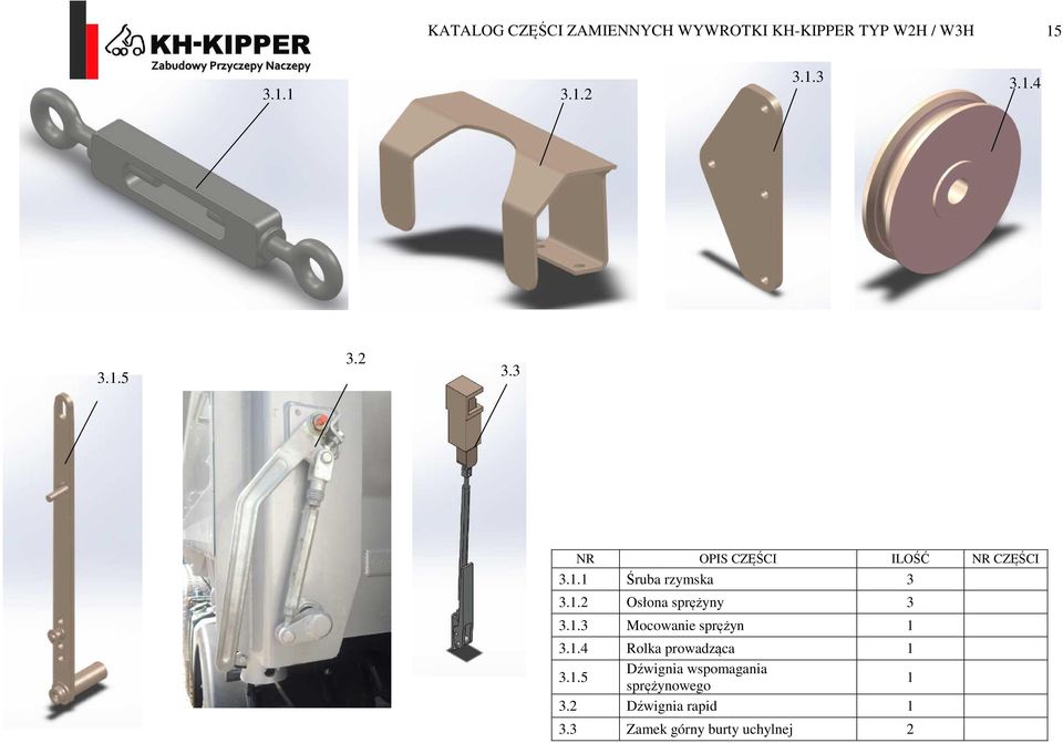 1.3 Mocowanie sprężyn 1 3.1.4 Rolka prowadząca 1 3.1.5 Dźwignia wspomagania sprężynowego 1 3.
