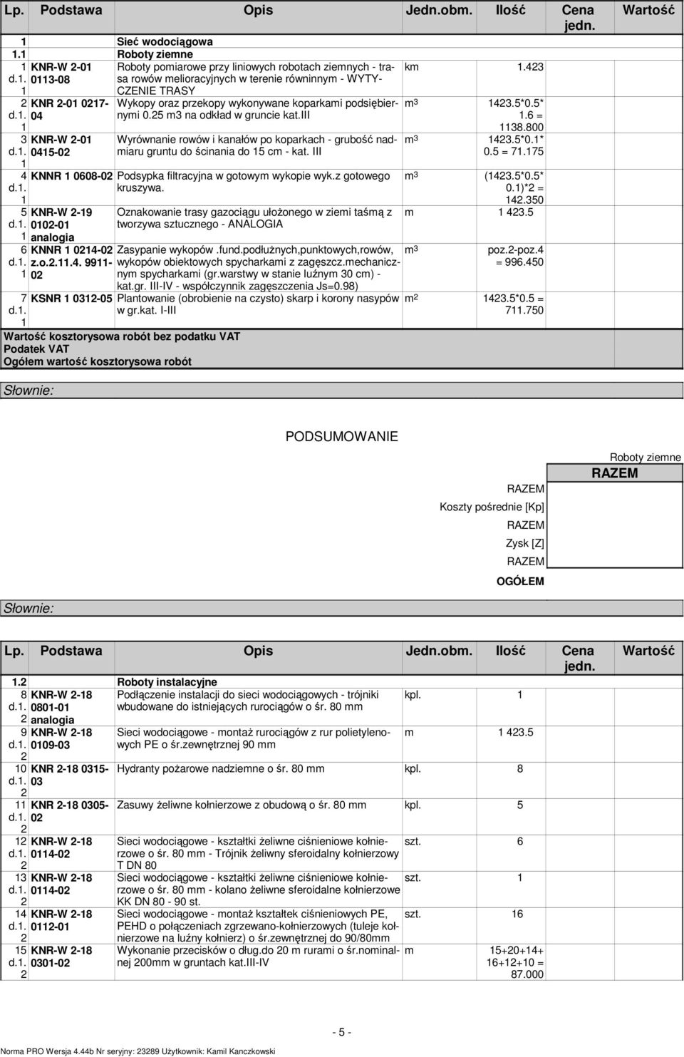 5 m3 na odkład w gruncie kat.iii Wyrównanie rowów i kanałów po koparkach - grubość nadmiaru gruntu do ścinania do 5 cm - kat. III KNNR 0608-0 Podsypka filtracyjna w gotowym wykopie wyk.