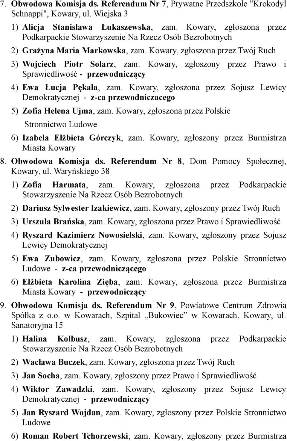 Kowary, zgłoszony przez Prawo i - przewodniczący 4) Ewa Łucja Pękala, zam. Kowary, zgłoszona przez Sojusz Lewicy - z-ca przewodniczacego 5) Zofia Helena Ujma, zam.