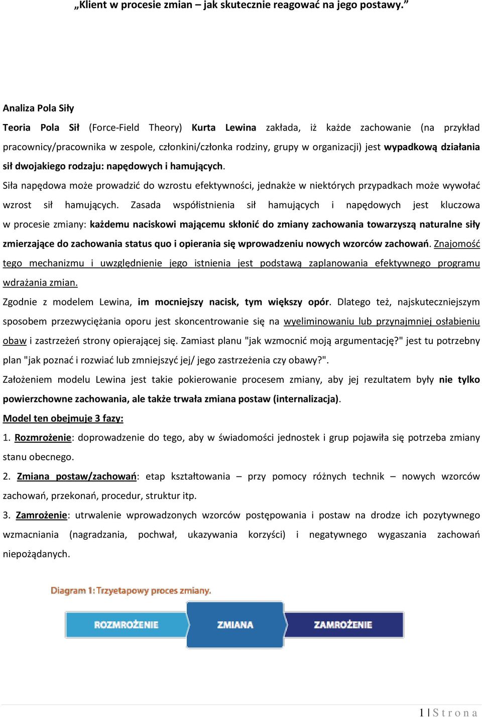 Zasada współistnienia sił hamujących i napędowych jest kluczowa w procesie zmiany: każdemu naciskowi mającemu skłonić do zmiany zachowania towarzyszą naturalne siły zmierzające do zachowania status