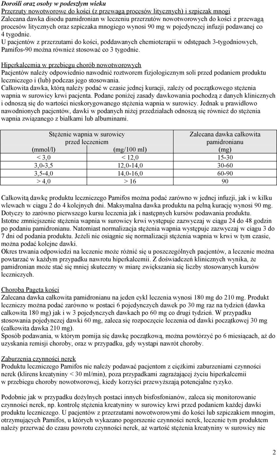 U pacjentów z przerzutami do kości, poddawanych chemioterapii w odstępach 3-tygodniowych, Pamifos-90 można również stosować co 3 tygodnie.