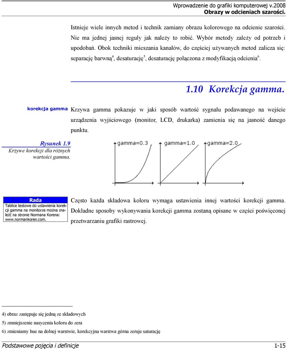 1.10 Korekcja gamma. korekcja gamma Krzywa gamma pokazuje w jaki sposób wartość sygnału podawanego na wejście urządzenia wyjściowego (monitor, LCD, drukarka) zamienia się na jasność danego punktu.