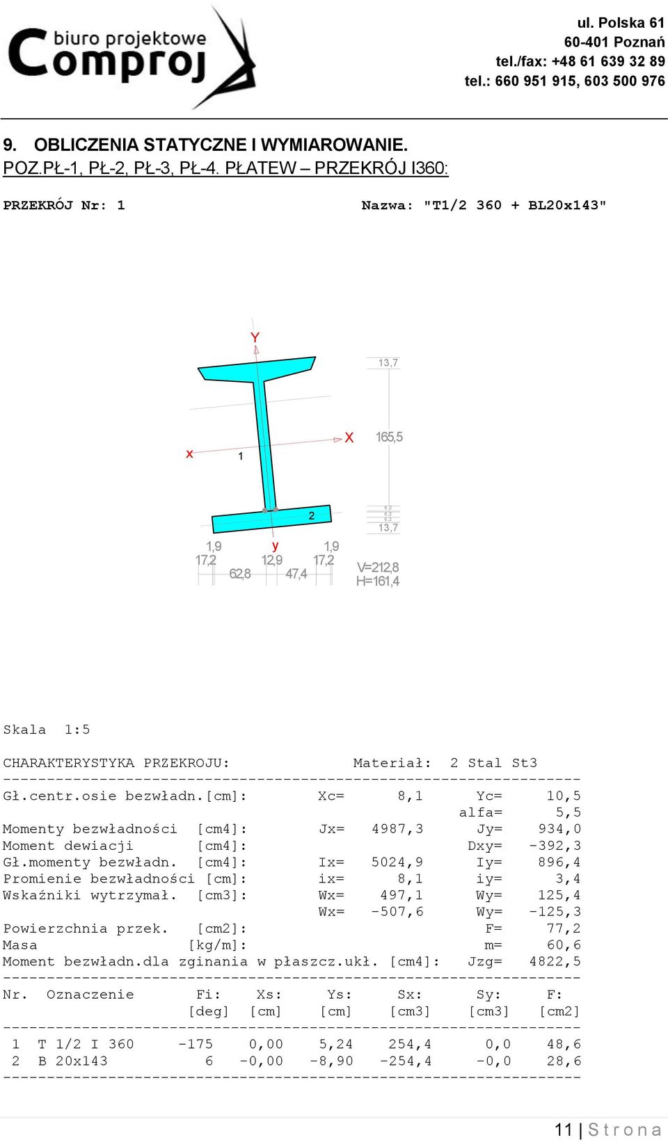 Materiał: 2 Stal St3 Gł.centr.osie bezwładn.[cm]: Xc= 8,1 Yc= 10,5 alfa= 5,5 Momenty bezwładności [cm4]: Jx= 4987,3 Jy= 934,0 Moment dewiacji [cm4]: Dxy= -392,3 Gł.momenty bezwładn.