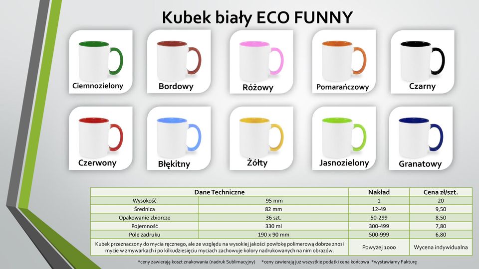 50-299 8,50 Pojemność 330 ml 300-499 7,80 Pole zadruku 190 x 90 mm 500-999 6,80 Kubek przeznaczony do mycia ręcznego,