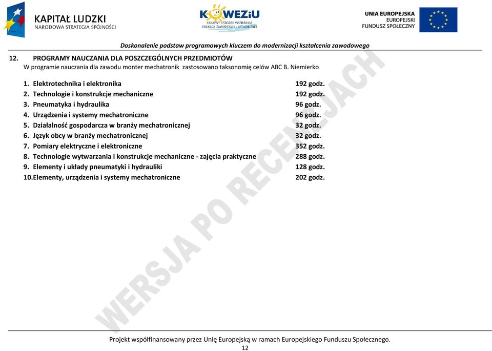 6. Język obcy w branży mechatronicznej 32 godz. 7. omiary elektryczne i elektroniczne 352 godz. 8. Technologie wytwarzania i konstrukcje mechaniczne - zajęcia praktyczne 288 godz. 9.