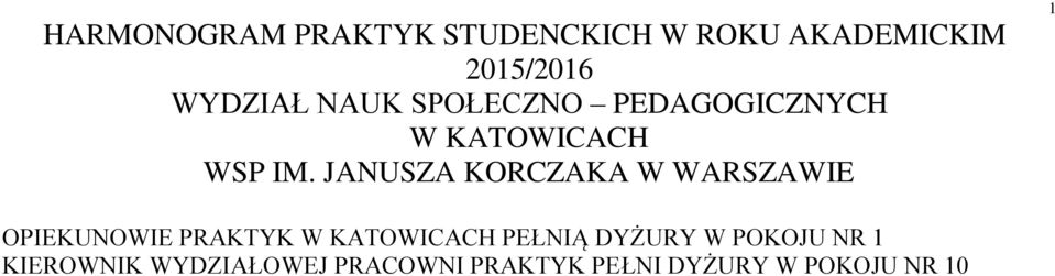 JANUSZA KORCZAKA W WARSZAWIE 1 OWIE PRAKTYK W KATOWICACH PEŁNIĄ