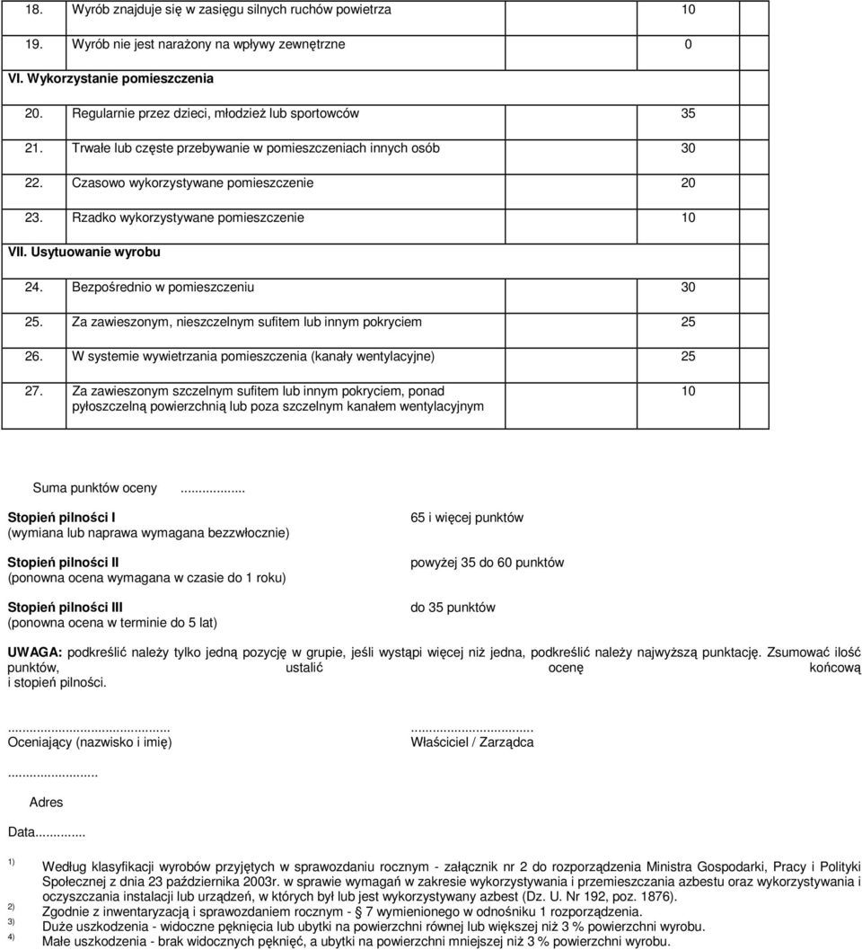 Rzadko wykorzystywane pomieszczenie 10 VII. Usytuowanie wyrobu 24. Bezpośrednio w pomieszczeniu 30 25. Za zawieszonym, nieszczelnym sufitem lub innym pokryciem 25 26.