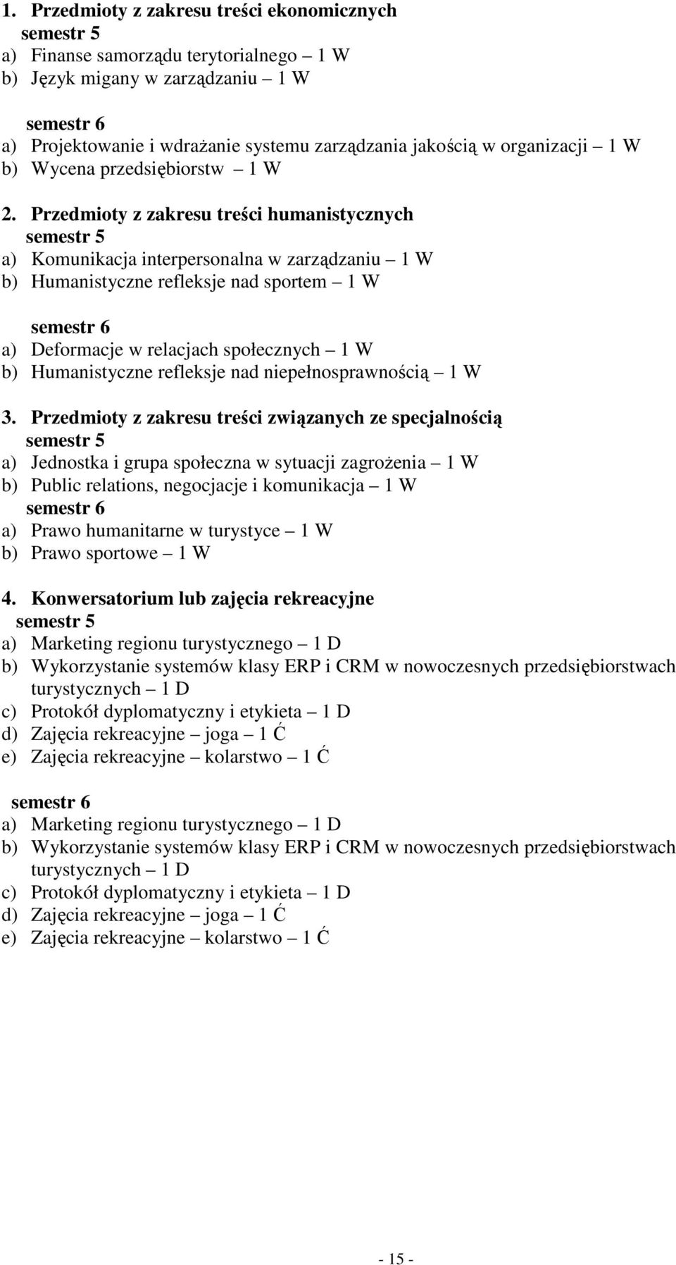 y z zakresu treści humanistycznych semestr 5 a) Komunikacja interpersonalna w zarządzaniu 1 W b) Humanistyczne refleksje nad sportem 1 W semestr 6 a) Deformacje w relacjach społecznych 1 W b)