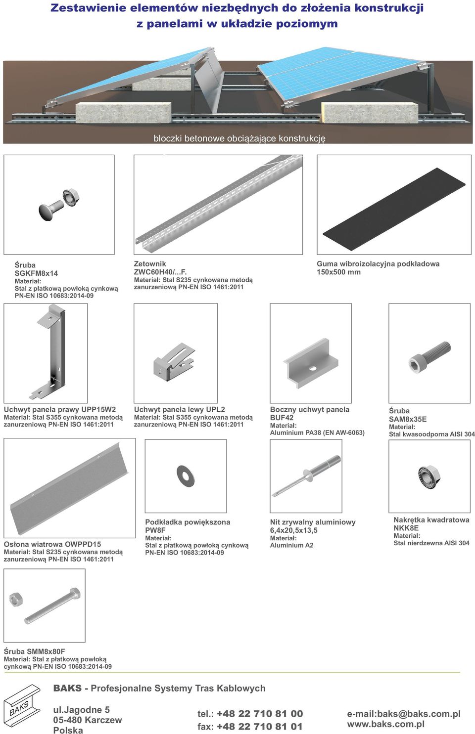 Guma wibroizolacyjna podkładowa 150x500 mm Uchwyt panela prawy UPP15W2 Stal S355 cynkowana metodą Uchwyt panela lewy UPL2 Stal S355 cynkowana metodą Boczny