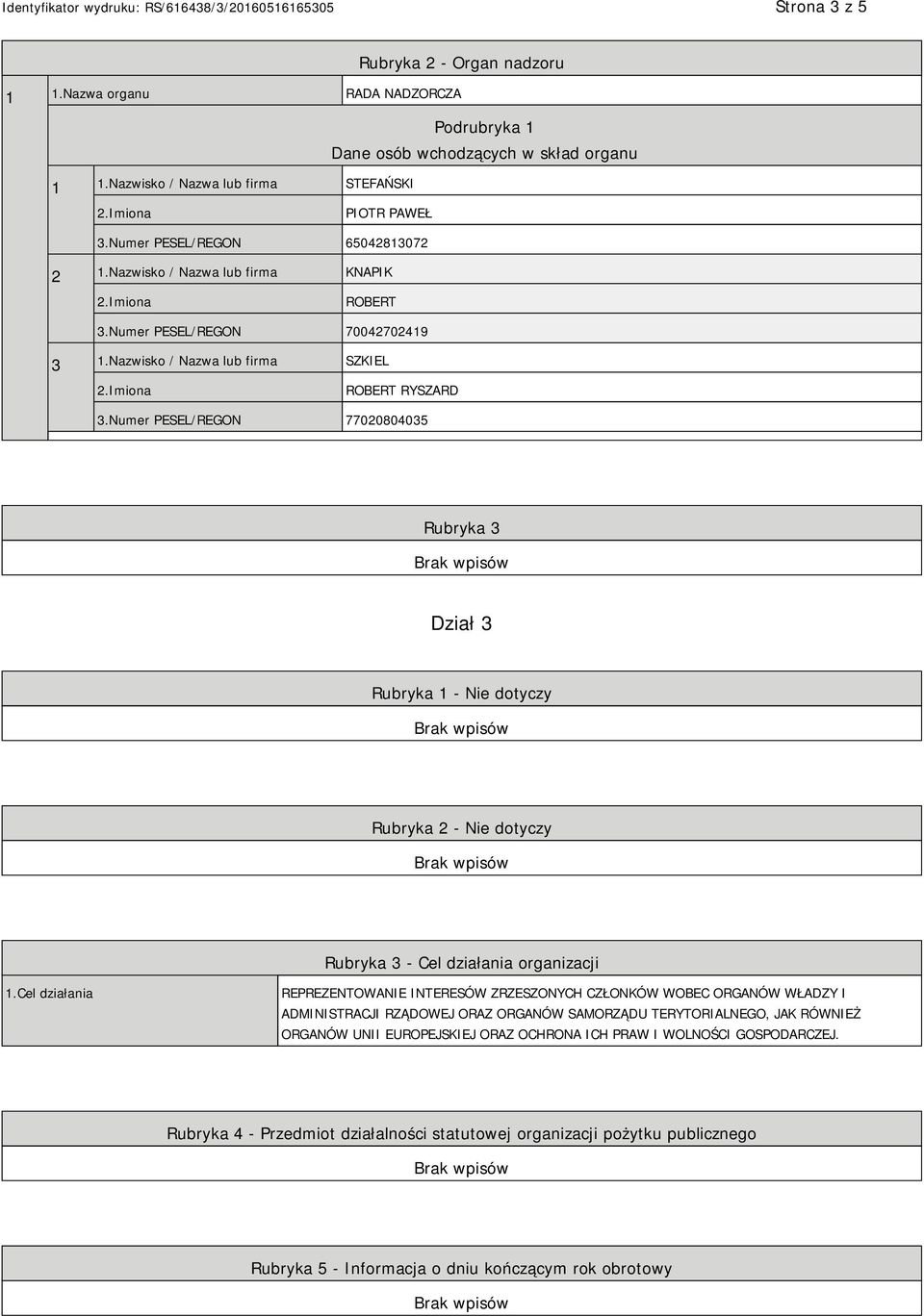 Numer PESEL/REGON 77020804035 Rubryka 3 Dział 3 Rubryka 1 - Nie dotyczy Rubryka 2 - Nie dotyczy Rubryka 3 - Cel działania organizacji 1.